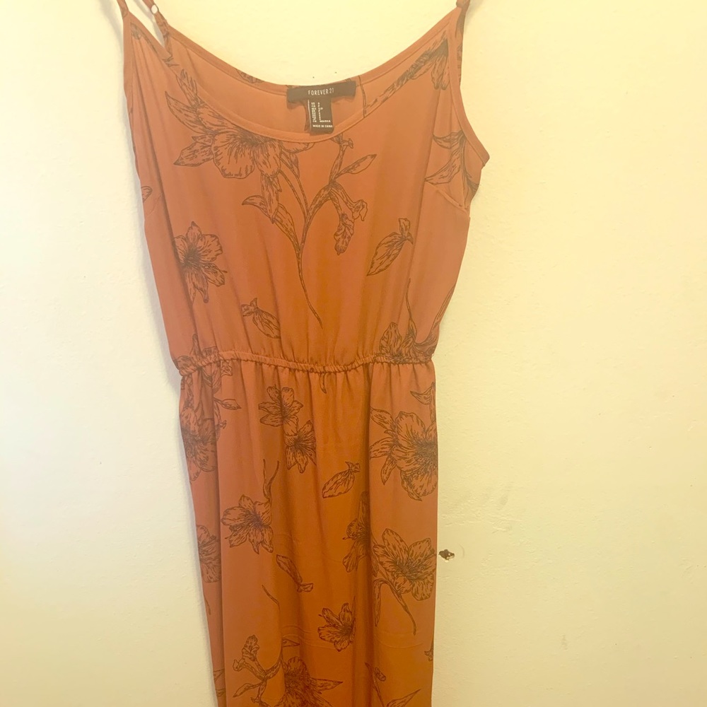 Long copper Orange dress with black floral prints